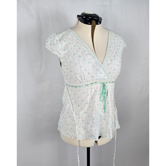 Gemini Blouse Women's XL White Green Floral Embordering Front & Back Ties Wrap - Picture 16 of 16